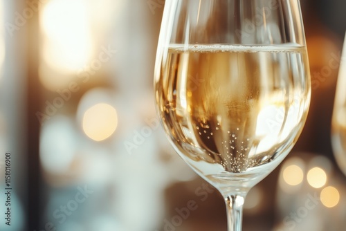 Sparkling white wine in an elegant glass glimmers in soft candlelight during an intimate evening gathering photo