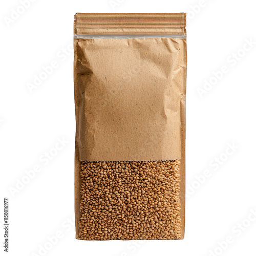 Brown paper bag filled with sesame seeds, natural product