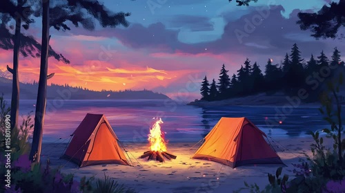 Fantasy night scene with a glowing tent and bonfire by a tranquil lake under a starry sky  
Seamless looping 4k time-lapse virtual video animation Generated AI