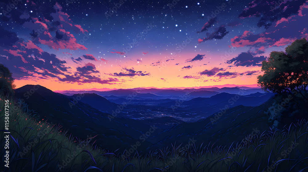 Naklejka premium a sprawling mountain valley glowing in the golden light of sunset, transitioning to a tranquil starlit night. Starlit. Illustration
