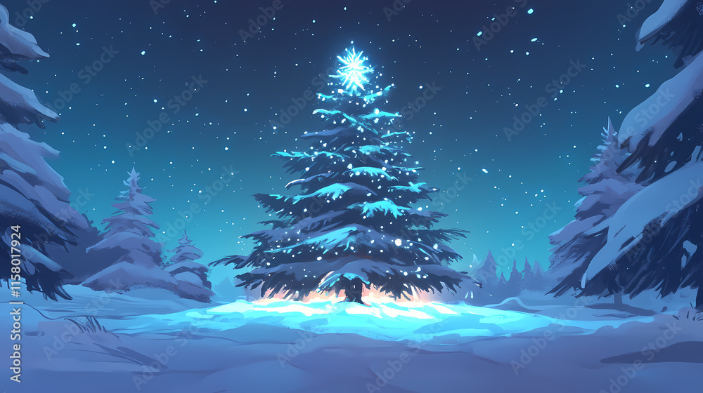 A front view of a christmas tree surrounded by shimmering snow, glowing joyfully under a clear, starlit sky. Starlit. Illustration A front view of a christmas tree surrounded by shimmering snow, glowing joyfully under a clear, starlit sky. Starlit. Illustration