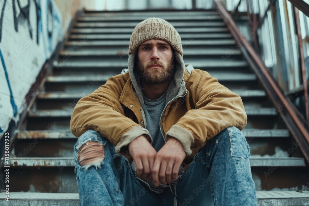 Urban reflection captured on gritty steps in dusk light with a contemplative young man sporting a cozy beanie and rugged attire Urban reflection captured on gritty steps in dusk light with a contemplative young man sporting a cozy beanie and rugged attire