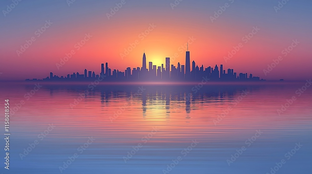 City Skyline Reflected In Calm Water At Sunset City Skyline Reflected In Calm Water At Sunset