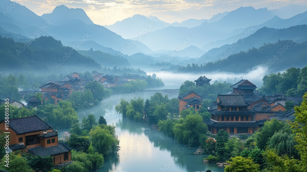 idyllic chinese village and countryside view with small river mountains and forest idyllic chinese village and countryside view with small river mountains and forest