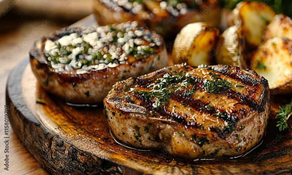 Grilled meat and potatoes on a wooden platter. Grilled meat and potatoes on a wooden platter.