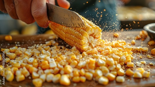 Fresh Corn Kernels Being Cut Off the Cob with a Sharp Knife