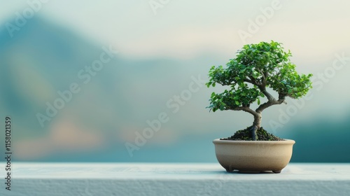 A captivating photo of a bonsai tree, showcasing the carefully pruned branches, delicate leaves, and miniature landscape, against a minimalist background.   photo