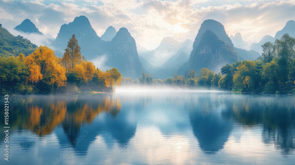 Obraz premium landscape of guilin li river and karst mountains located near the ancient town of xingping yangshuo guilin guangxi china