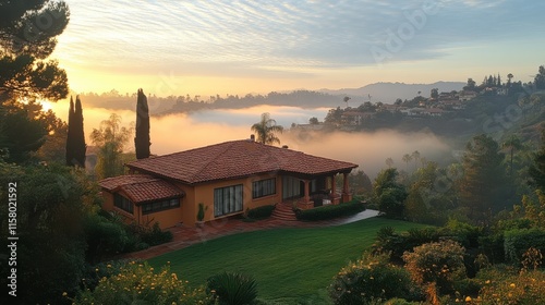 landscape photograph of fog and mist house rooftop trees grass misty mountains in the background cloudy blue sky encino los angeles california