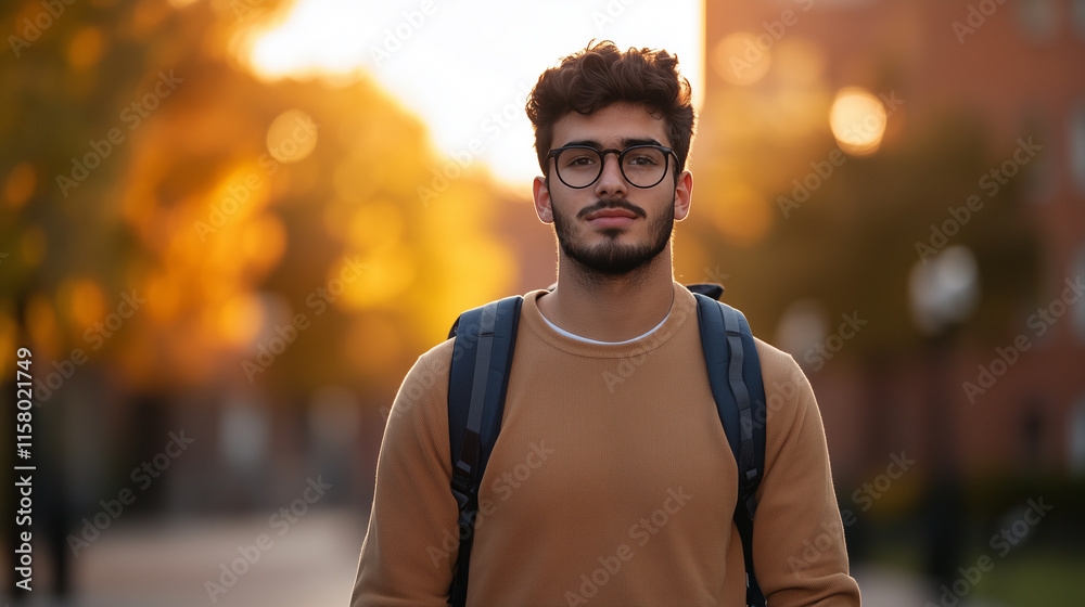 Fototapeta premium young man with glasses stands confidently in sunlit urban setting, surrounded by autumn foliage.