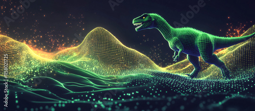 3D dinosaur roaming an imaginative landscape that transitions from lush greens to abstract. photo