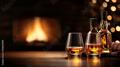 Whiskey bottles and glass near fireplace. photo