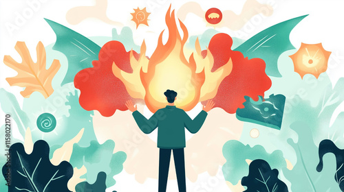 Flat Style Illustrations of Wizards Summoning Fire and Magic in Vibrant Abstract Designs