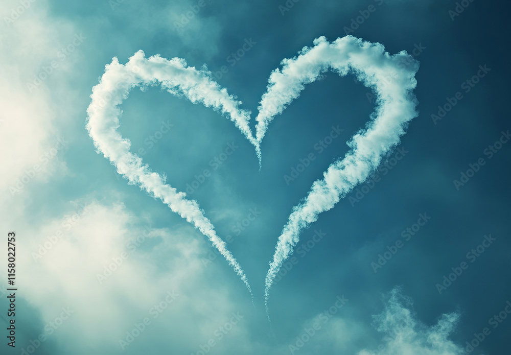 Two heart-shaped smoke trails gracefully intertwine in the sky, forming a symbolic and poetic display of love. Two heart-shaped smoke trails gracefully intertwine in the sky, forming a symbolic and poetic display of love.