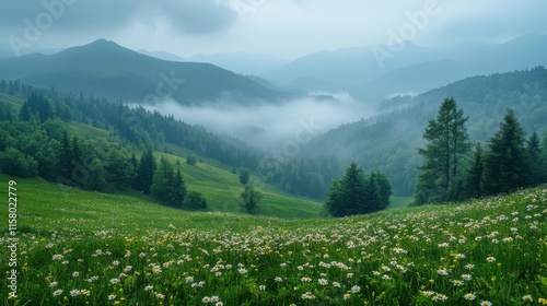 morning fog on the slopes of demerdzhi mountain photo