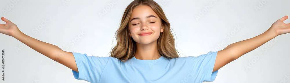Peaceful Young Woman in Light Blue T-Shirt Studio Portrait Photography Peaceful Young Woman in Light Blue T-Shirt Studio Portrait Photography