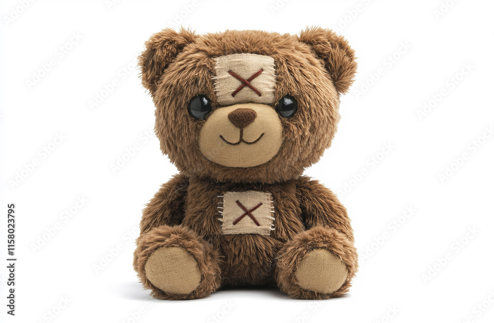 Obraz premium An adorable brown teddy bear adorned with small bandages sits with an innocent gaze, exuding charm and warmth. The stitched details add a playful, heartwarming touch.