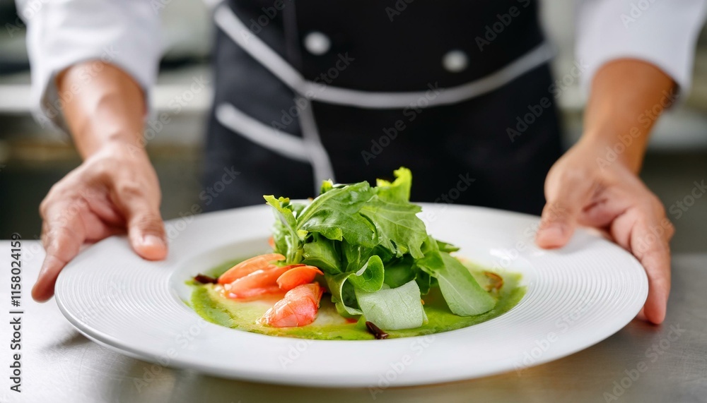 chef's hands are arranging food on a white plate in a kitchen setting. chef's hands are arranging food on a white plate in a kitchen setting.