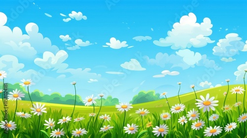 Daisies bloom in a sunny meadow under a blue sky