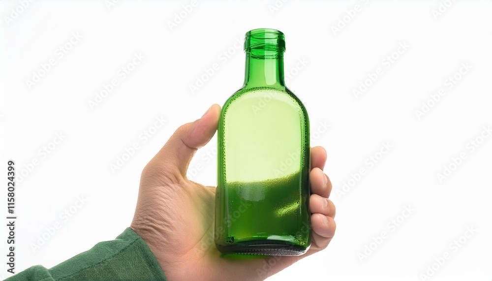 hand is holding a green glass bottle on a white background. hand is holding a green glass bottle on a white background.
