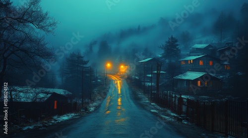 night street country road with buildings and fences covered in fog lamp or mysterious night in the centre of ilisu village gakh azerbaijan photo