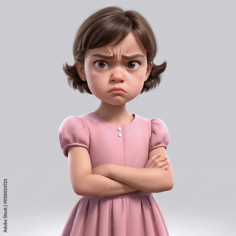Obraz premium 3D Render of an Angry Little Girl in a Pink Dress