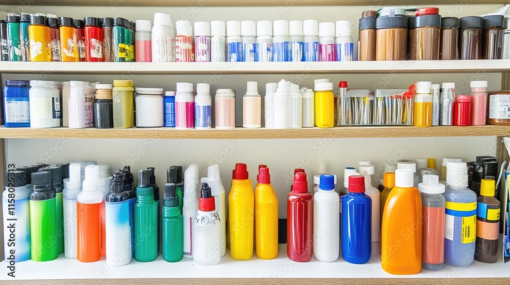 Colorful Collection of Paint Bottles on Wooden Shelves for Artists