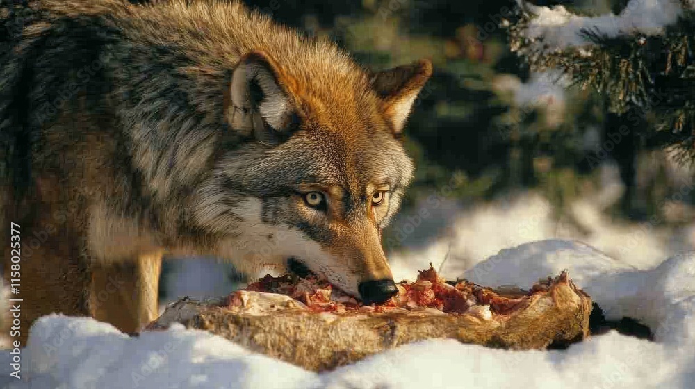 Fototapeta premium Gray wolf eating on deer carcass during winter - ai