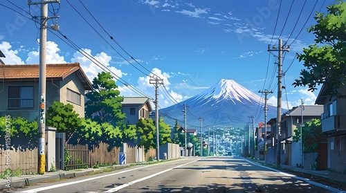 A landscape photograph of a street with a mountain fuji in the background