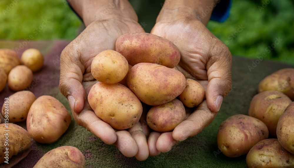 Hands holding potatoes, with a pile below.
