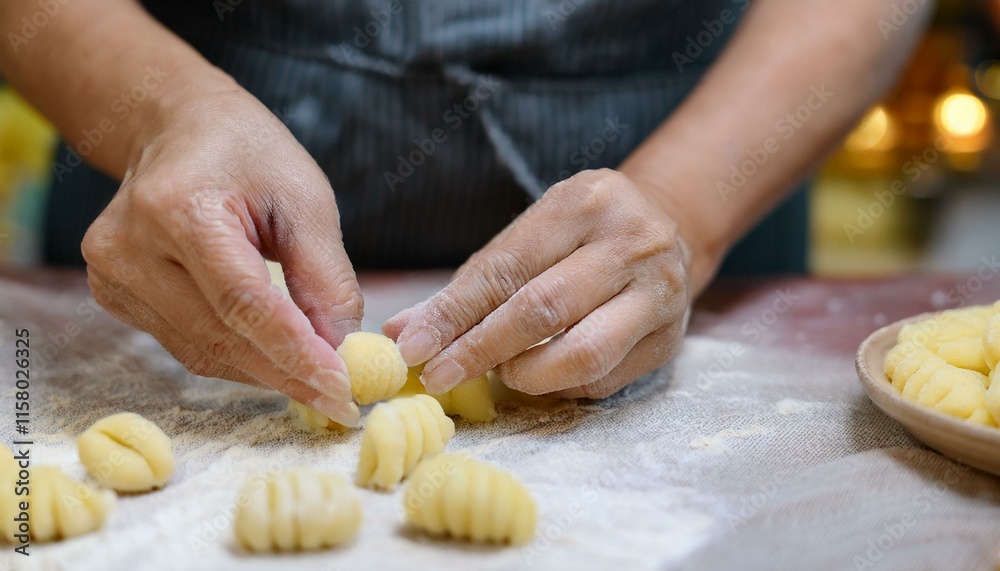 Hands using a tool to shape gnocchi pasta. Hands using a tool to shape gnocchi pasta.