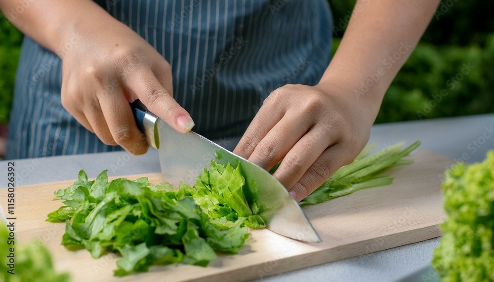 Hands using a knife to slice green leafy vegetables.
