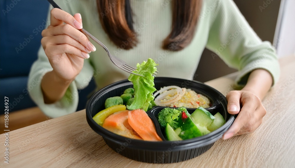 person eating from a partitioned container with a fork. person eating from a partitioned container with a fork.