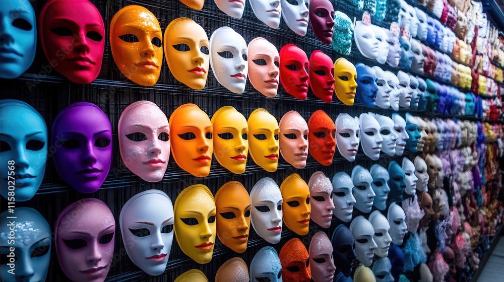 Fototapeta premium Colorful Display of Decorative Masks on a Wall for Artistic Inspiration