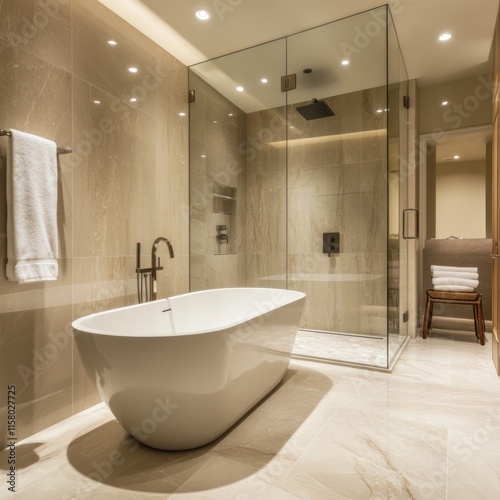 Luxurious modern bathroom with freestanding tub and glass shower. photo