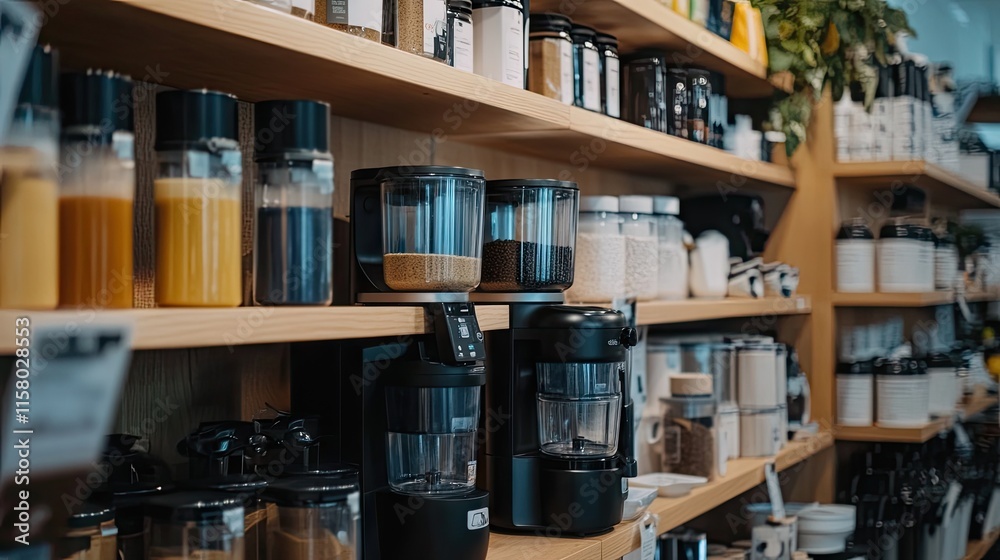 Modern Kitchenware Display Featuring Various Containers and Appliances Modern Kitchenware Display Featuring Various Containers and Appliances