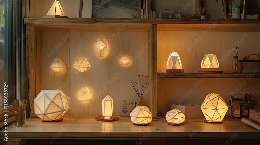 Decorative Geometric Lamps Arrangement on Wooden Shelf in Room