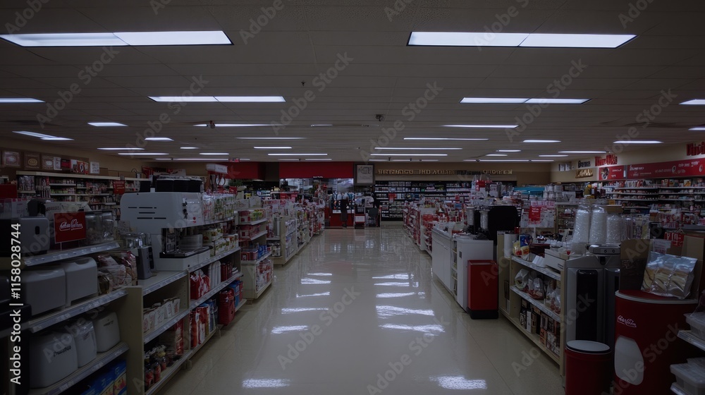 Brightly Lit Aisle in Retail Store Filled with Various Merchandise Brightly Lit Aisle in Retail Store Filled with Various Merchandise