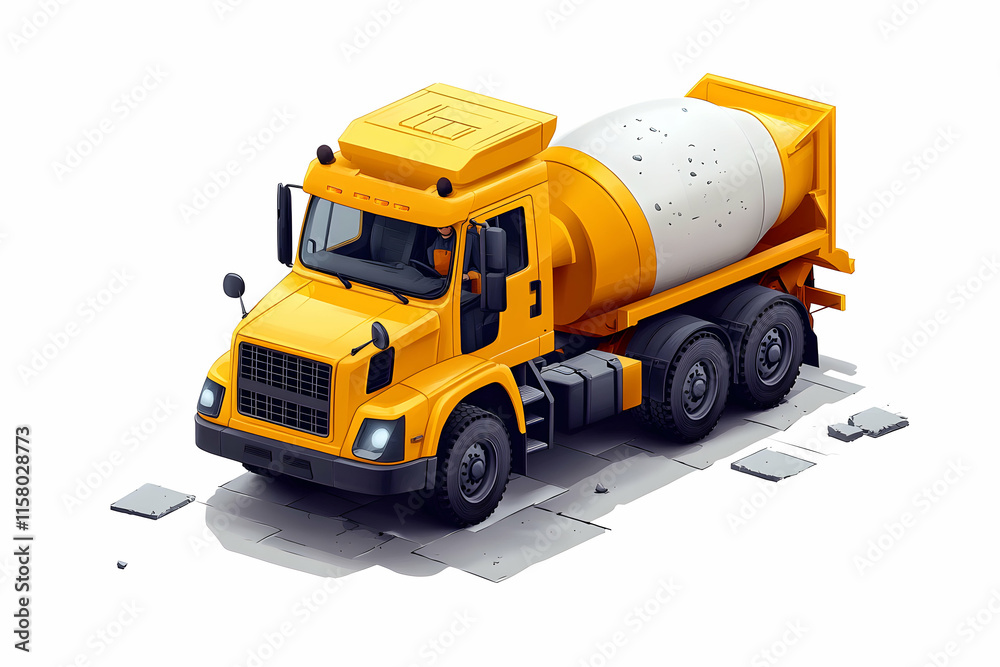 Isometric 3D Illustration of a Yellow Cement Mixer Truck on a Cobblestone Surface Isometric 3D Illustration of a Yellow Cement Mixer Truck on a Cobblestone Surface