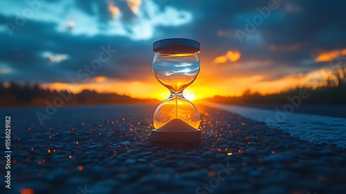 Hourglass on road at sunset, symbolizing time and journey.