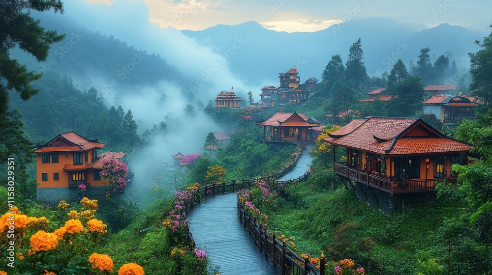 Naklejka premium sapa valley city in the mist in the morning vietnam
