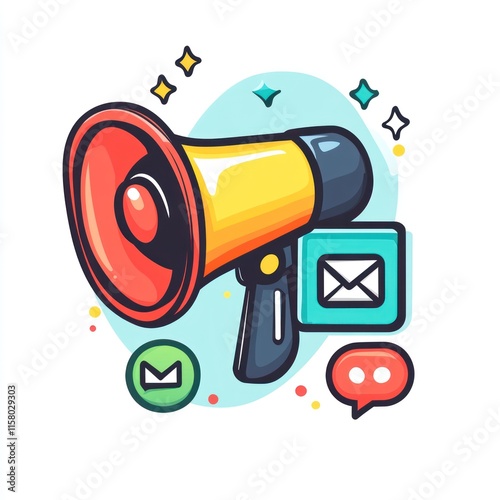 Cartoon megaphone with email and message icons.