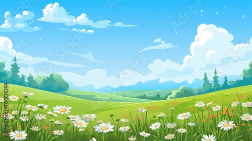 Sunny Day Daisies Bloom in Rolling Green Hills