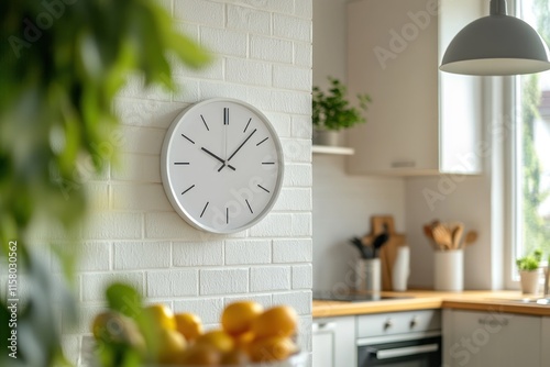 White clock on brick wall in modern kitchen.