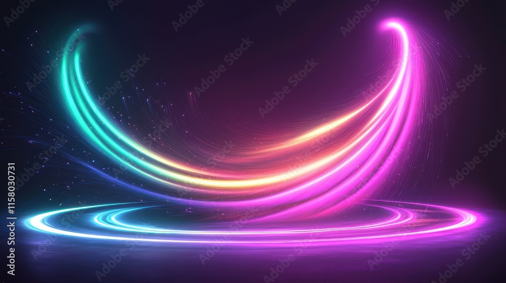 Obraz premium A glowing neon peacock spreading its radiant feathers in vibrant gradients of teal and orange, surrounded by swirling sparkles and faint glowing particles for a dynamic and elegant look. 