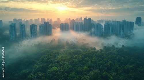 the city hidden behind fog and trees viewed from the air a foggy day over resort town on tropical island landscape of green island on foggy cloudy day with cloudy skies smog over the rainforest