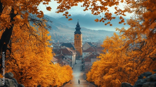 top view through the yellow trees of a small romanian city with the hills and mountain silhouette in the background