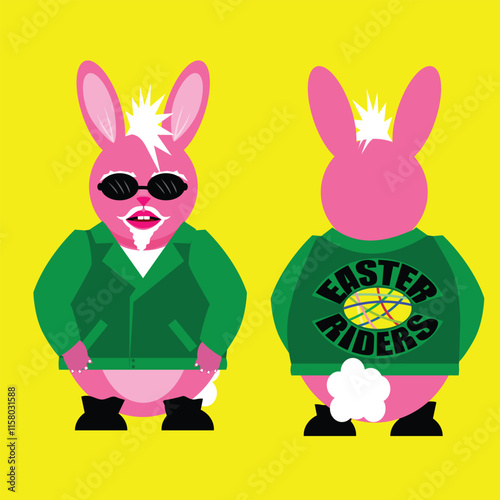 Mr Bunny wearing a motorcycle jacket with the phrase Easter Riders on the back.