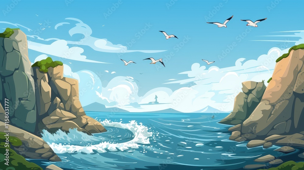 Fototapeta premium Ocean Scene With Cliffs Birds And Waves