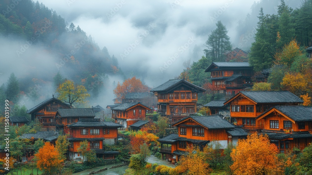 Obraz premium view of autumn scenery of xinduqiao town with tibetan style houses under misty fog in kangding county sichuan province china